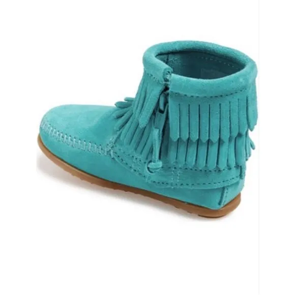MINNETONKA 'Double Fringe' Side Zip Western Boots Turquoise Girls Size 1 *EUC*