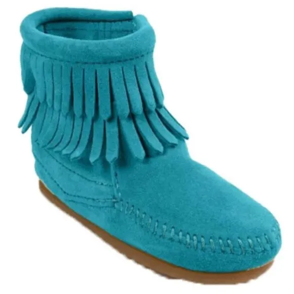 MINNETONKA 'Double Fringe' Side Zip Western Boots Turquoise Girls Size 1 *EUC*