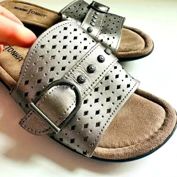 Minnetonka Metallic Leather Concho Slide Sandals