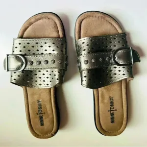 Minnetonka Metallic Leather Concho Slide Sandals