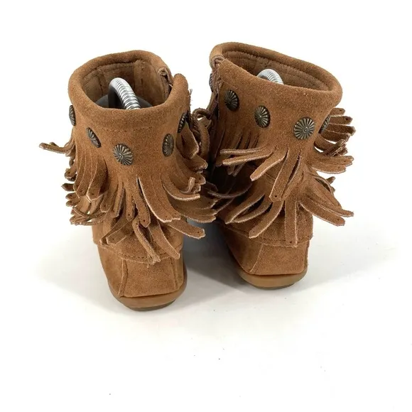 MINNETONKA Western Double Fringe Suede Taupe Brown Side Zip Ankle Bootie Boot