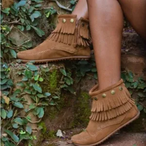 MINNETONKA Western Double Fringe Suede Taupe Brown Side Zip Ankle Bootie Boot