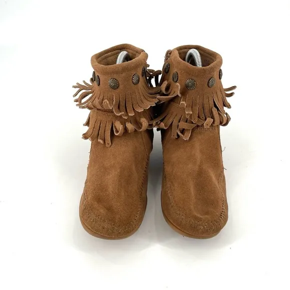 MINNETONKA Western Double Fringe Suede Taupe Brown Side Zip Ankle Bootie Boot