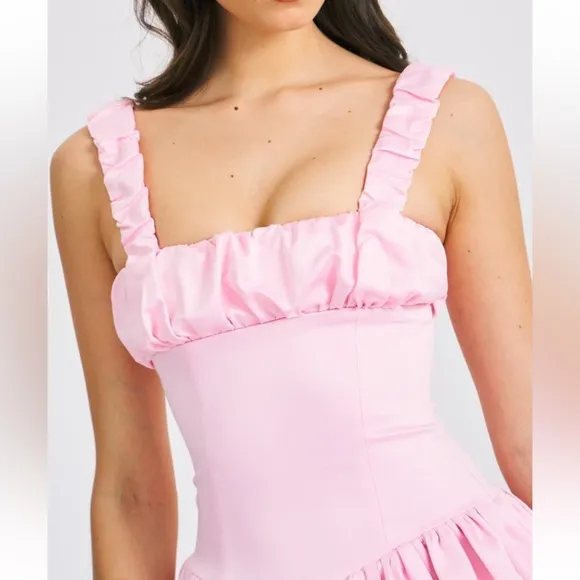 Miss Circle Luxe satin Pink ruched bubble hem drop waist mini dress