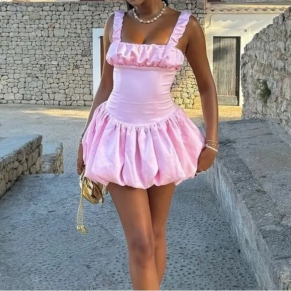 Miss Circle Luxe satin Pink ruched bubble hem drop waist mini dress