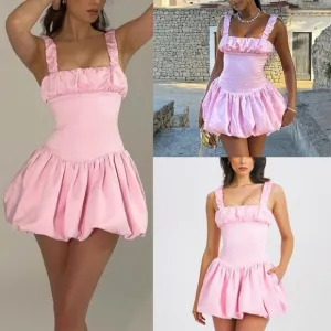 Miss Circle Luxe satin Pink ruched bubble hem drop waist mini dress