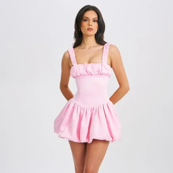 Miss Circle Luxe satin Pink ruched bubble hem drop waist mini dress