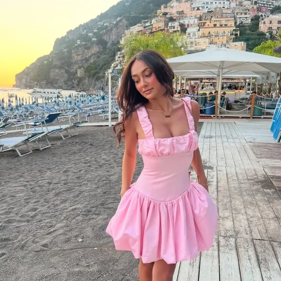 Miss Circle Luxe satin Pink ruched bubble hem drop waist mini dress
