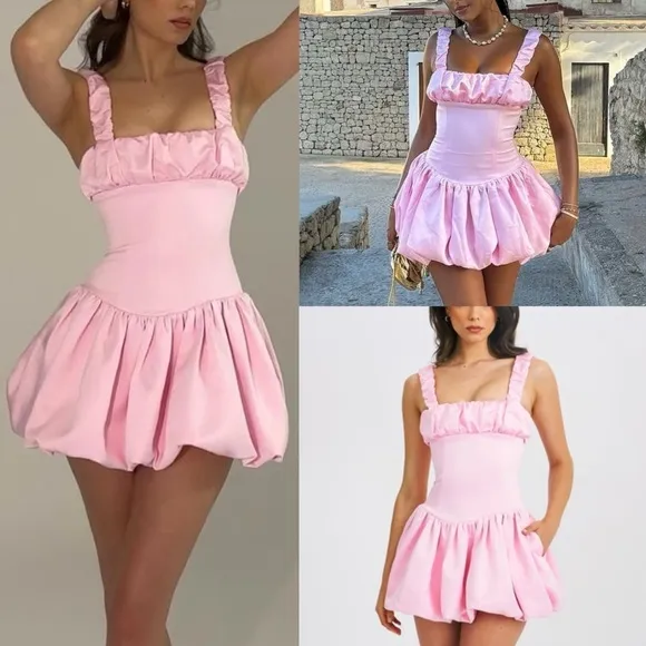 Miss Circle Luxe satin Pink ruched bubble hem drop waist mini dress