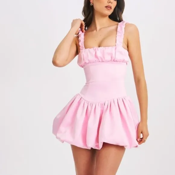 Miss Circle Luxe satin Pink ruched bubble hem drop waist mini dress