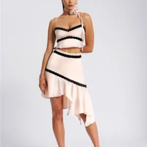 Miss Circle- skirt &amp; top contrast satin embroidered asymmetrical hem midi skirt