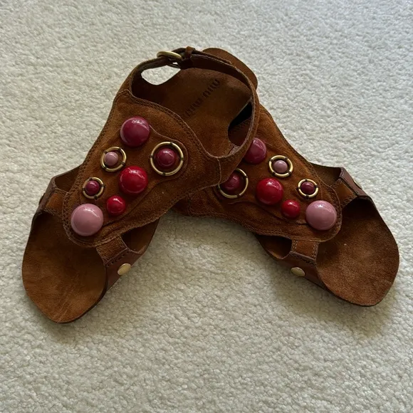 Miu Miu brown suede Hippie Y2K flats-pink&amp;Red cabochon jewels-brass mounts-sz 38