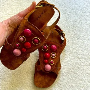 Miu Miu brown suede Hippie Y2K flats-pink&amp;Red cabochon jewels-brass mounts-sz 38