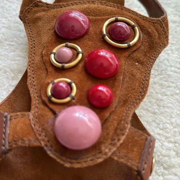Miu Miu brown suede Hippie Y2K flats-pink&amp;Red cabochon jewels-brass mounts-sz 38