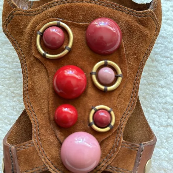 Miu Miu brown suede Hippie Y2K flats-pink&amp;Red cabochon jewels-brass mounts-sz 38