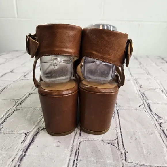 Miz Mooz Gill tan brown leather ankle strap chunky heel sandals