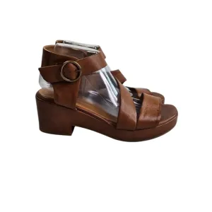 Miz Mooz Gill tan brown leather ankle strap chunky heel sandals