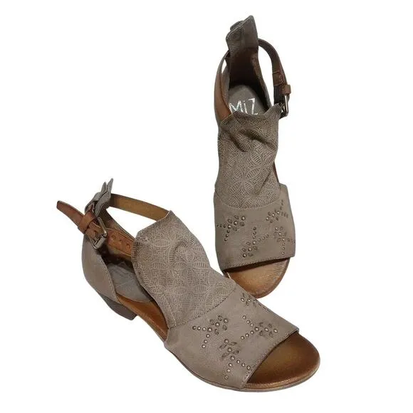 Miz Mooz Leather Heeled Sandals Sz 37 Sz 6.5 New Beige Open Toe Studded