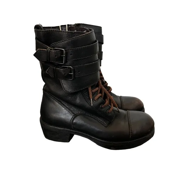 Moma Womens Black Leather Side-Zip Combat Moto Boots Sz 6.5-7