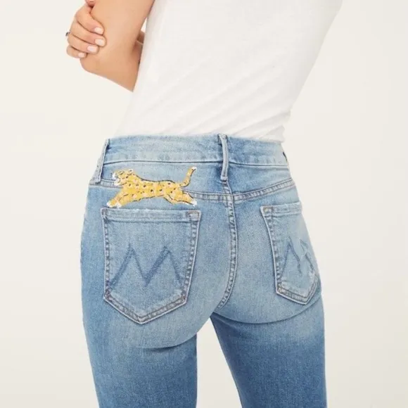 MOTHER High Waisted Looker Ankle Fray Jeans, Shoot to Thrill Wash w/ Leopard