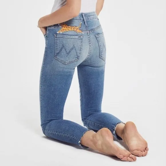MOTHER High Waisted Looker Ankle Fray Jeans, Shoot to Thrill Wash w/ Leopard