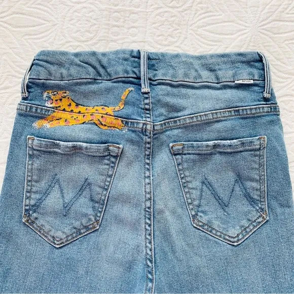 MOTHER High Waisted Looker Ankle Fray Jeans, Shoot to Thrill Wash w/ Leopard