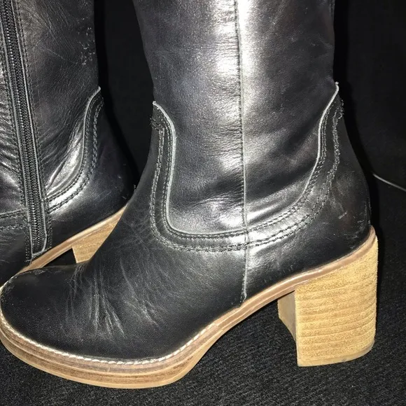 MTNG Brooke Rustico Black Leather Knee High Boots Side Zip Made in Spain Size 38