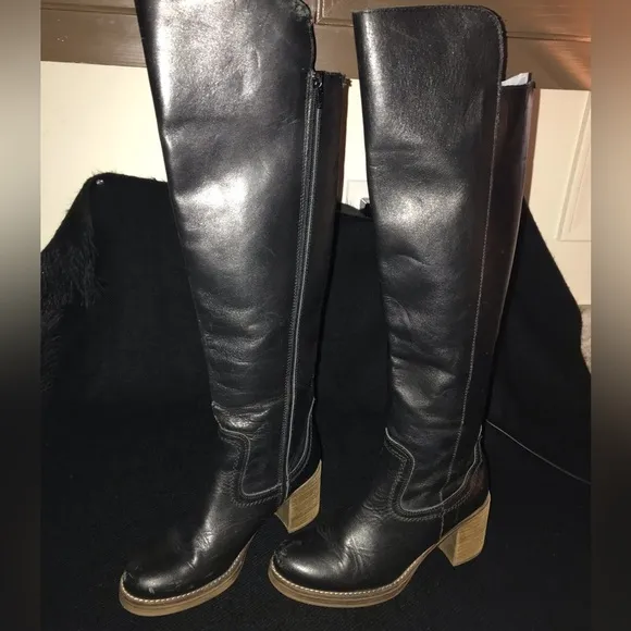 MTNG Brooke Rustico Black Leather Knee High Boots Side Zip Made in Spain Size 38