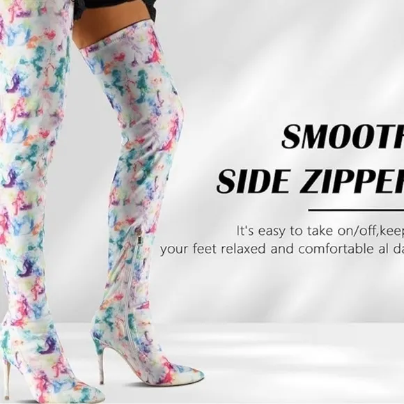 Multicolor Tie-Dye Thigh High Heel Boots Sexy Stretch Sz 37/ 6.5 Exotic Dancer
