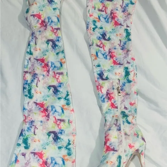 Multicolor Tie-Dye Thigh High Heel Boots Sexy Stretch Sz 37/ 6.5 Exotic Dancer