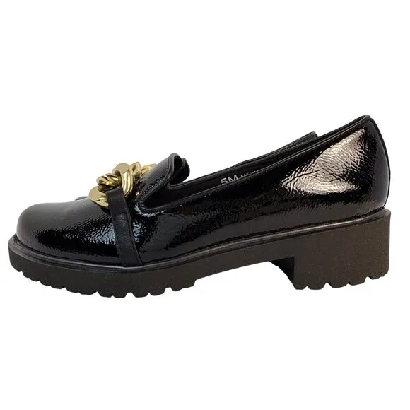 Munro Women's Viv Black Patent Leather Gold Accent Platform Loafer Size 5 M