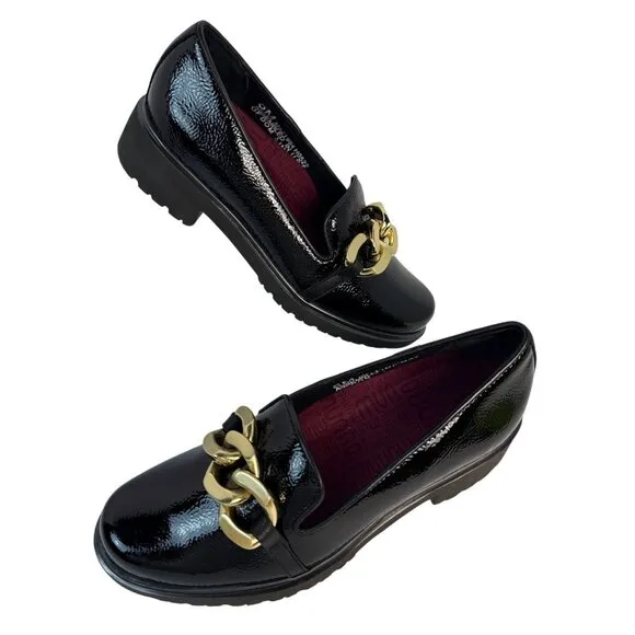 Munro Women's Viv Black Patent Leather Gold Accent Platform Loafer Size 5 M
