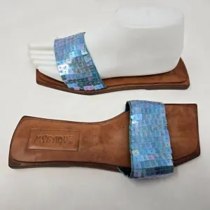 MYSTIQUE BLUE SEQUIN SHINY TOOLED BROWN LEATHER SLIDE SANDALS WOMENS SIZE 6