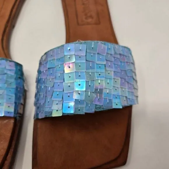 MYSTIQUE BLUE SEQUIN SHINY TOOLED BROWN LEATHER SLIDE SANDALS WOMENS SIZE 6
