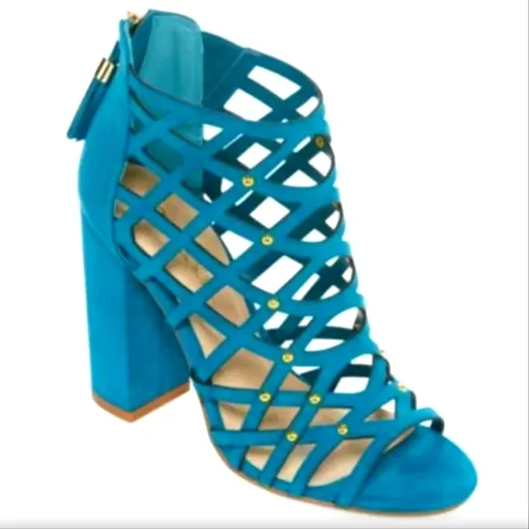 N by Nicole Miller lucie turquoise chunky heel cage studded sandals size 5.5M