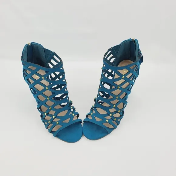 N by Nicole Miller lucie turquoise chunky heel cage studded sandals size 5.5M