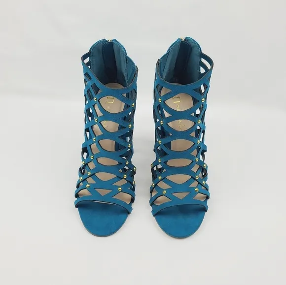 N by Nicole Miller lucie turquoise chunky heel cage studded sandals size 5.5M