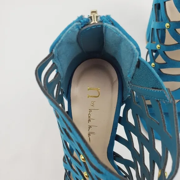 N by Nicole Miller lucie turquoise chunky heel cage studded sandals size 5.5M