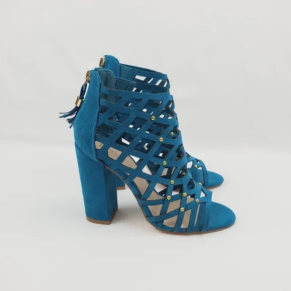 N by Nicole Miller lucie turquoise chunky heel cage studded sandals size 5.5M