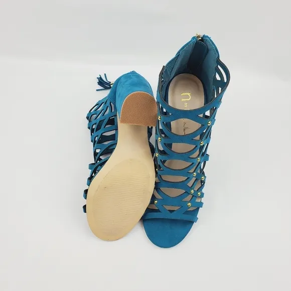 N by Nicole Miller lucie turquoise chunky heel cage studded sandals size 5.5M