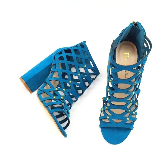 N by Nicole Miller lucie turquoise chunky heel cage studded sandals size 5.5M