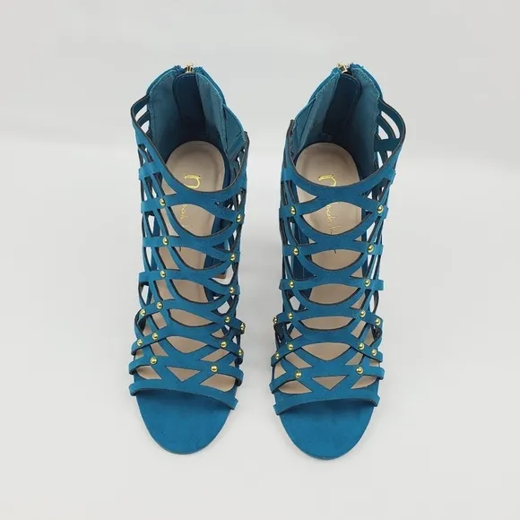 N by Nicole Miller lucie turquoise chunky heel cage studded sandals size 5.5M