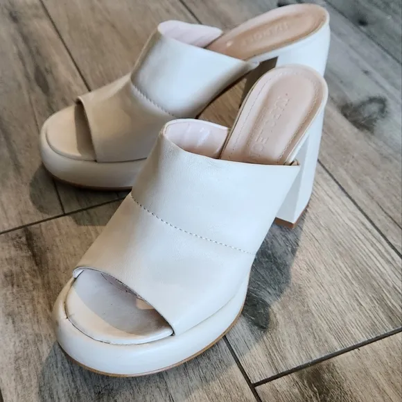 Napoleoni Leather Sandals Shoes Cream Off White Platform Chunky Heel Italy 8.5