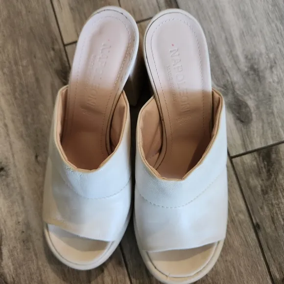 Napoleoni Leather Sandals Shoes Cream Off White Platform Chunky Heel Italy 8.5