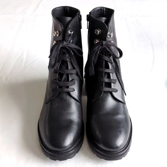 Napoleoni Women's Black Leather Combat Boots Zip Side Lace Up Size 41