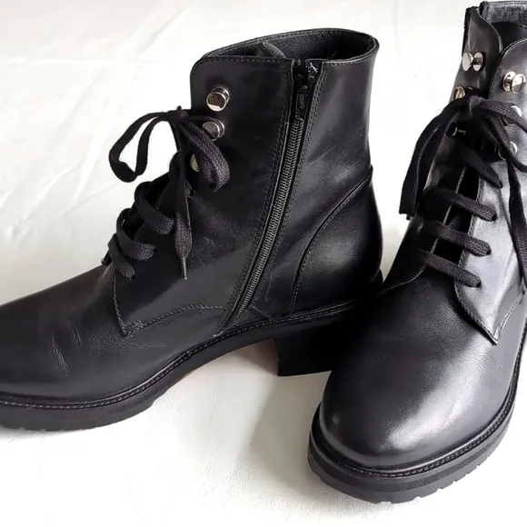 Napoleoni Women's Black Leather Combat Boots Zip Side Lace Up Size 41
