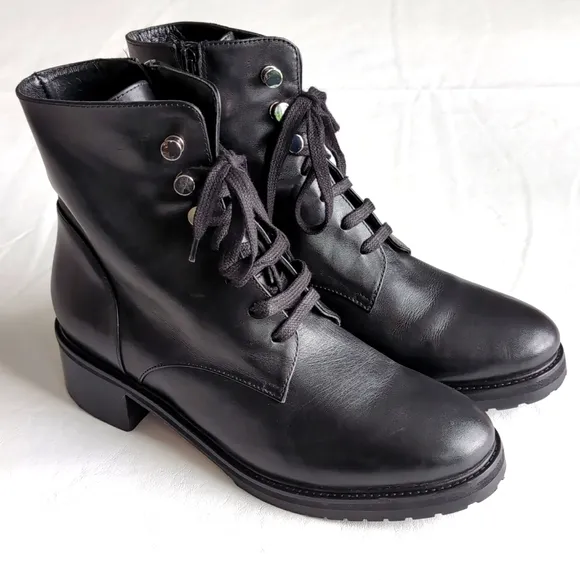 Napoleoni Women's Black Leather Combat Boots Zip Side Lace Up Size 41