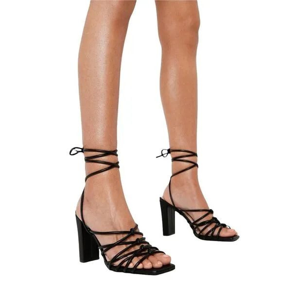 NASTY GAL Black Faux Leather Heeled Tie Sandals