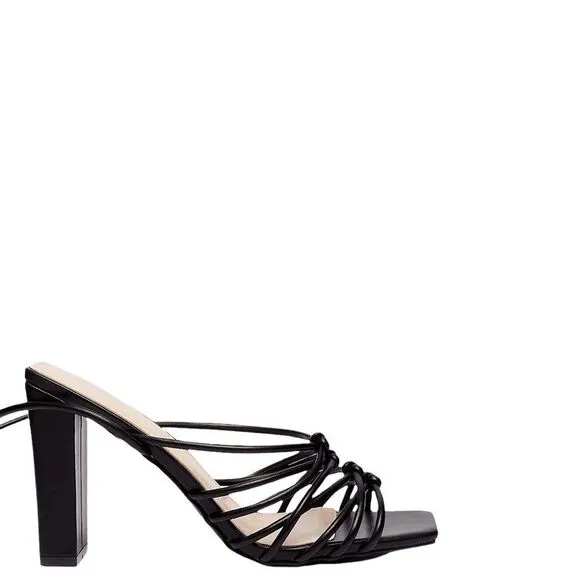 NASTY GAL Black Faux Leather Heeled Tie Sandals