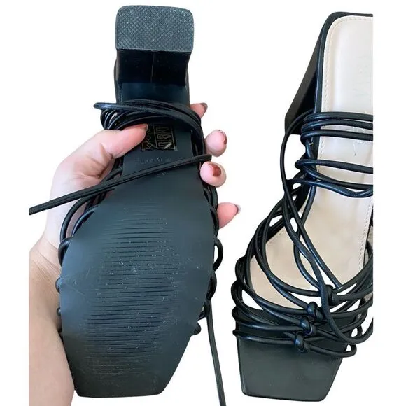 NASTY GAL Black Faux Leather Heeled Tie Sandals
